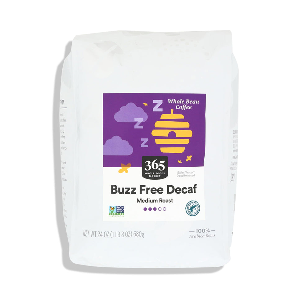 365 by Whole Foods Market Buzz Free coffee 24oz bag highlights caffeine-free enjoyment and aroma