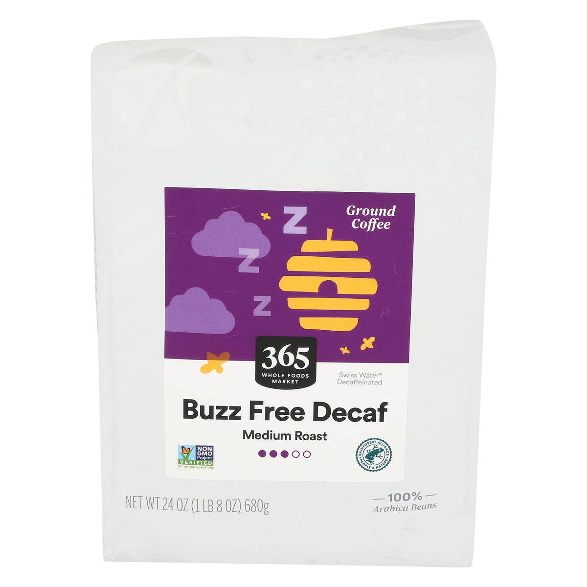 365 by Whole Foods Market Buzz Free Decaf Ground Coffee bag front, rich aroma for evening brewing.