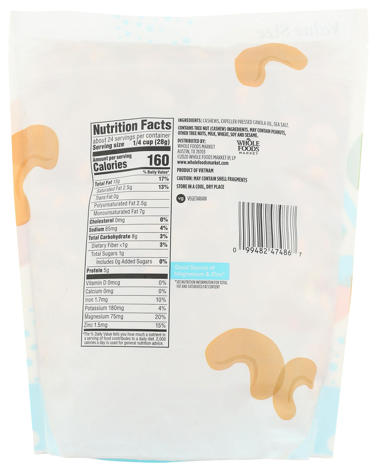 365 by Whole Foods Market salted cashews, resealable bag for on-the-go energy.