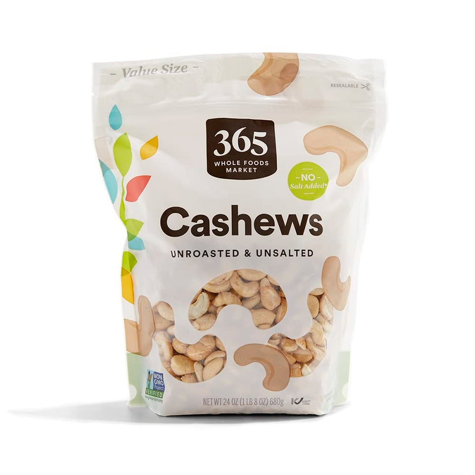 365 by Whole Foods Market cashews unsalted unroasted, ideal for snacking or baking.