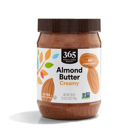 365 by Whole Foods Market creamy almond butter jar, ideal for quick protein-rich breakfasts and snacks.