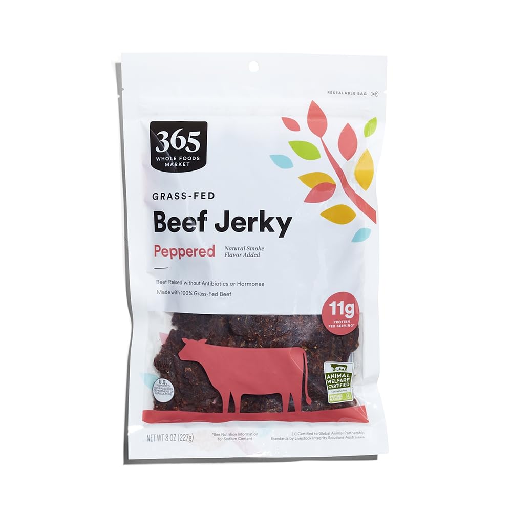 365 by Whole Foods Market peppered grass-fed beef jerky close-up, convenient protein snack on the go.