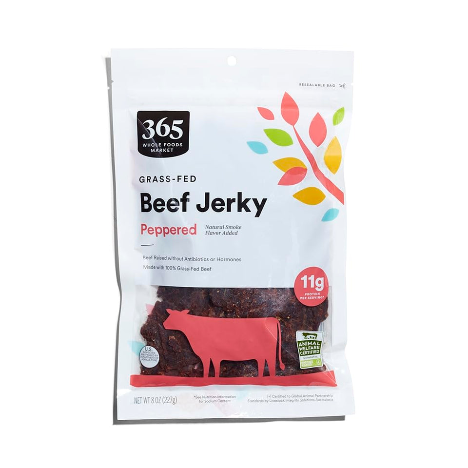 365 by Whole Foods Market peppered grass-fed beef jerky close-up, convenient protein snack on the go.