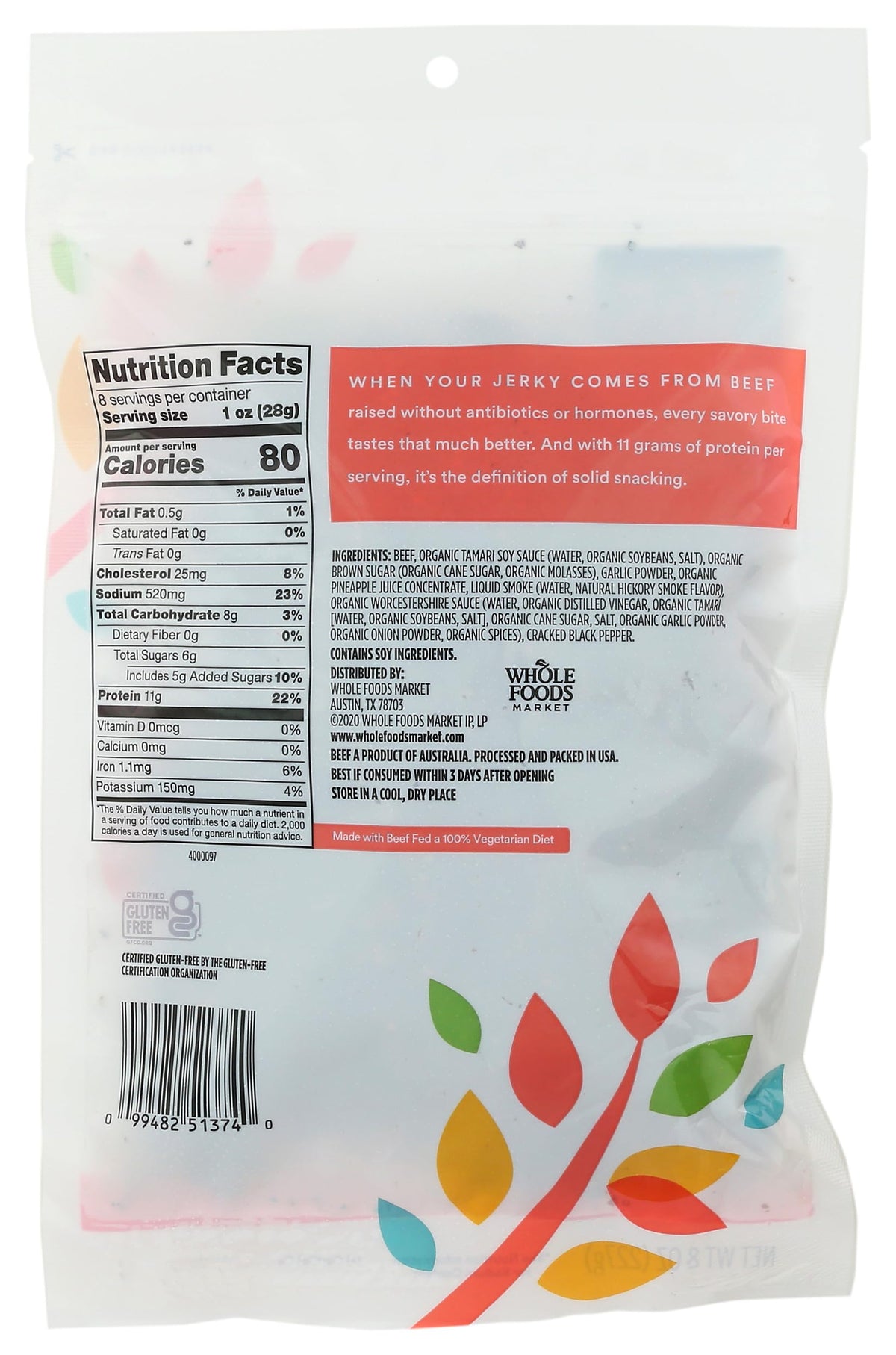 365 by Whole Foods Market jerky packaging showing natural smoke flavor, ideal for travel and lunchboxes.