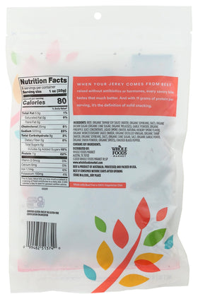 365 by Whole Foods Market jerky packaging showing natural smoke flavor, ideal for travel and lunchboxes.