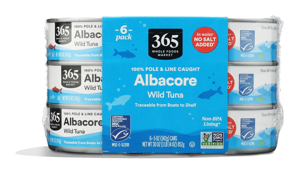 365 by Whole Foods Market albacore tuna in water can, no salt added, 6-pack convenient protein for meals