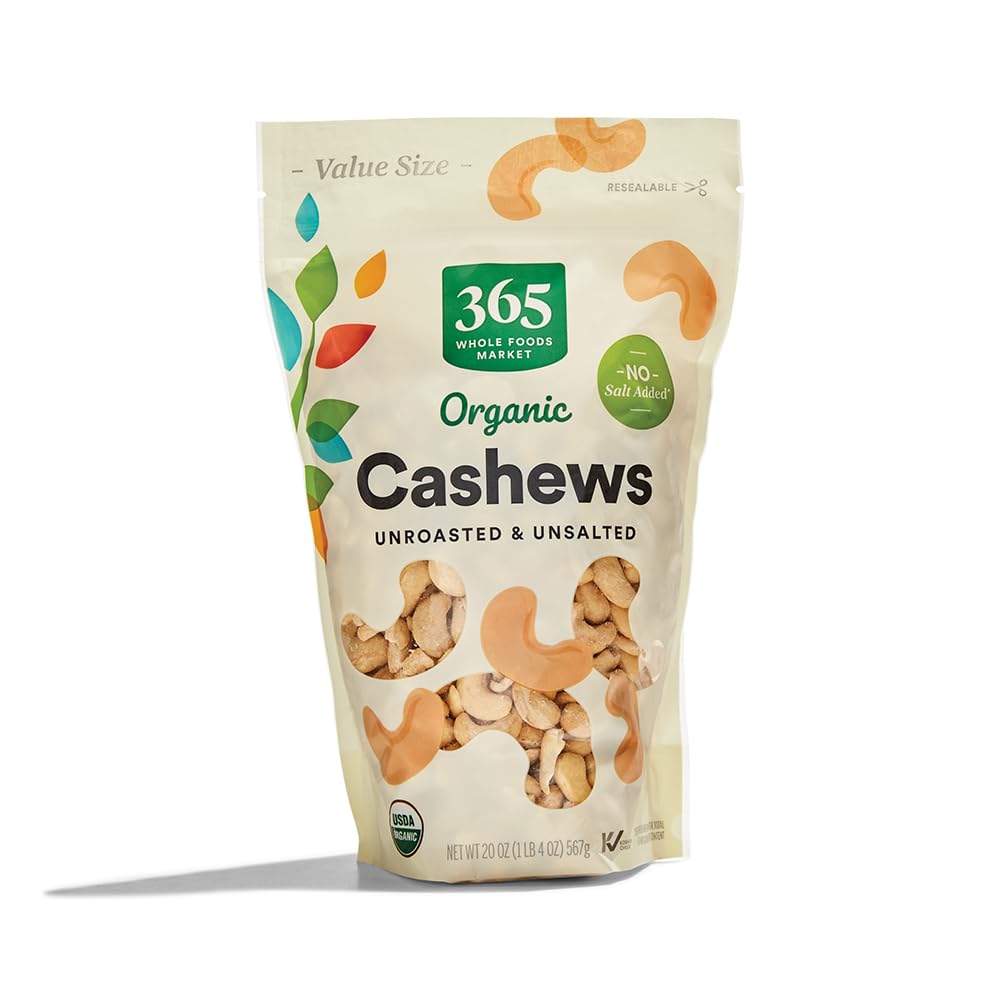 365 by Whole Foods Market organic cashews, unroasted and unsalted, ideal for snacking and cooking.