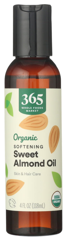 365 Organic Sweet Almond Oil bottle highlighting premium skin and hair care