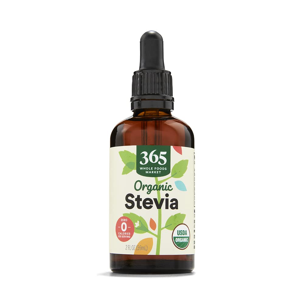 365 by Whole Foods Market Organic Stevia Liquid Extract bottle with dropper, zero-calorie sweetener for beverages.