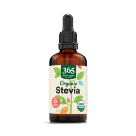 365 by Whole Foods Market Organic Stevia Liquid Extract bottle with dropper, zero-calorie sweetener for beverages.
