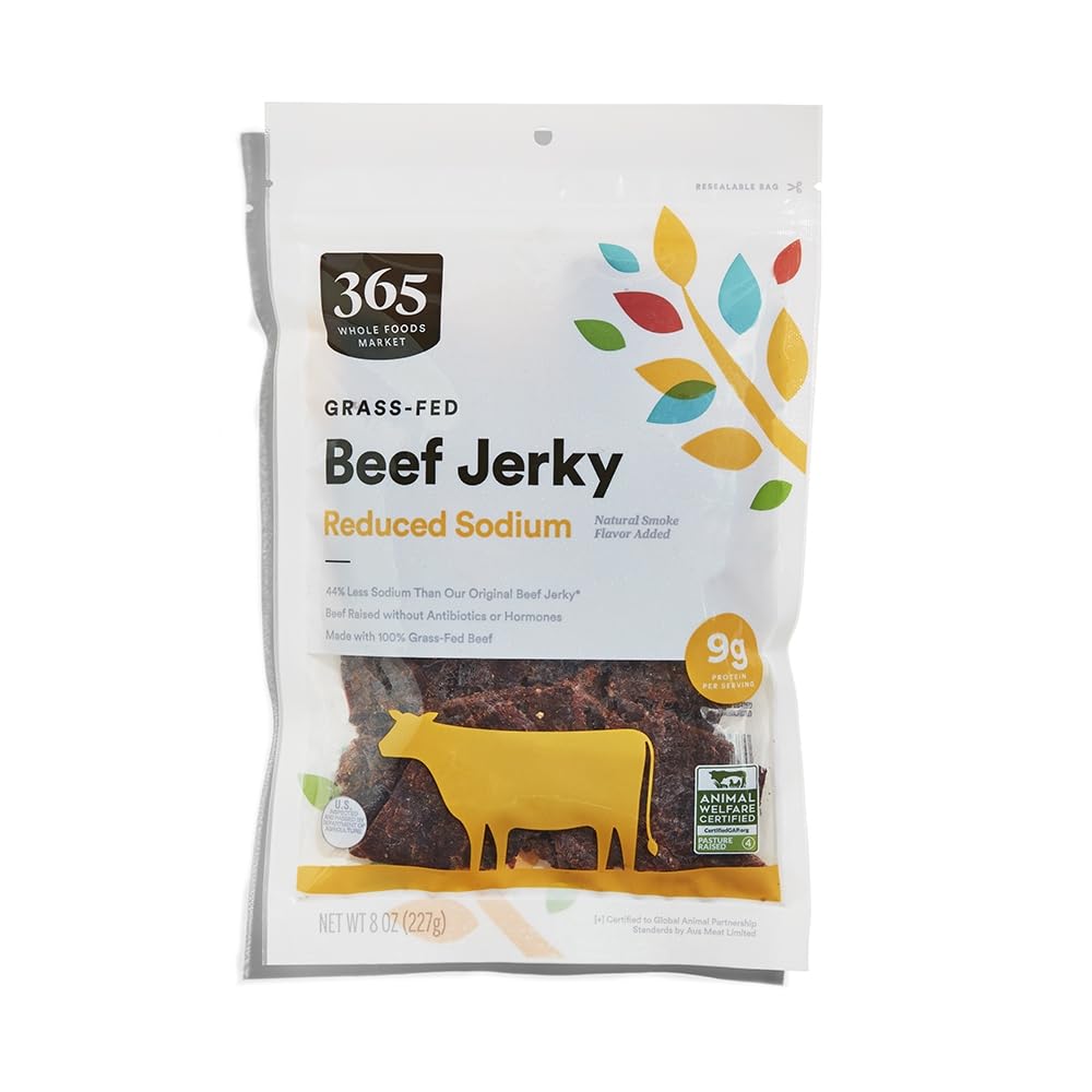 365 by Whole Foods Market Original Family Size Reduced Sodium Beef Jerky slices offer a convenient protein snack.