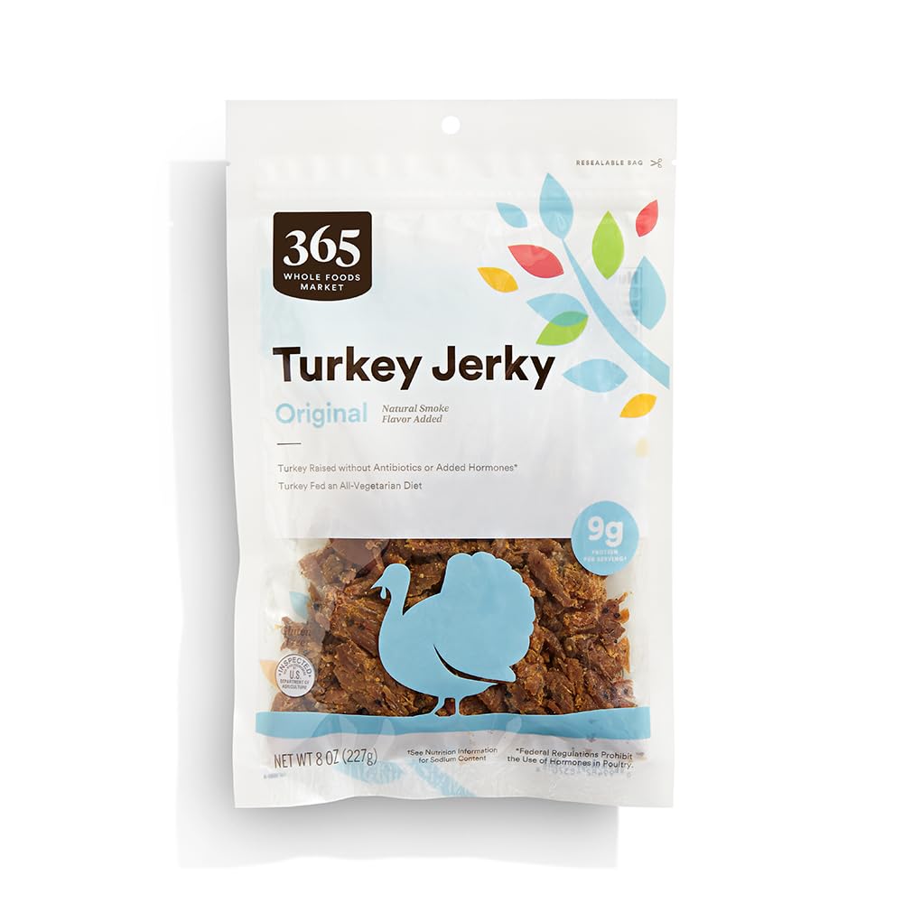 365 by Whole Foods Market Original Turkey Jerky 8 oz front view, convenient protein snack for on-the-go