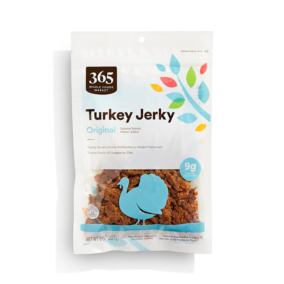365 by Whole Foods Market Original Turkey Jerky 8 oz front view, convenient protein snack for on-the-go