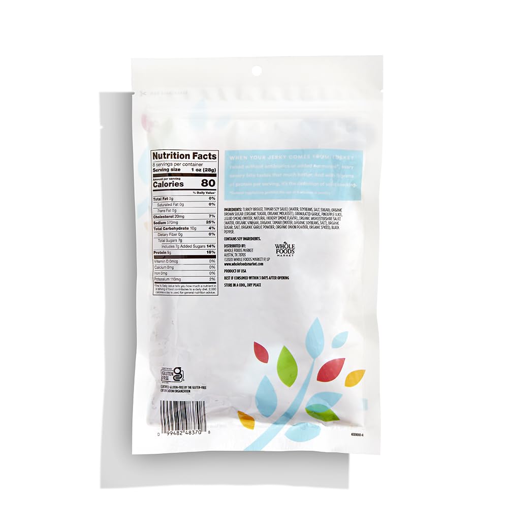 365 by Whole Foods Market Original Turkey Jerky 8 oz pack shot, organic spices boost flavor and portability