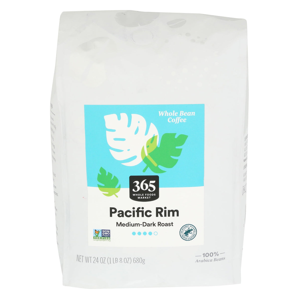 365 by Whole Foods Market Pacific Rim coffee beans in a bag, ideal for fresh grinding.