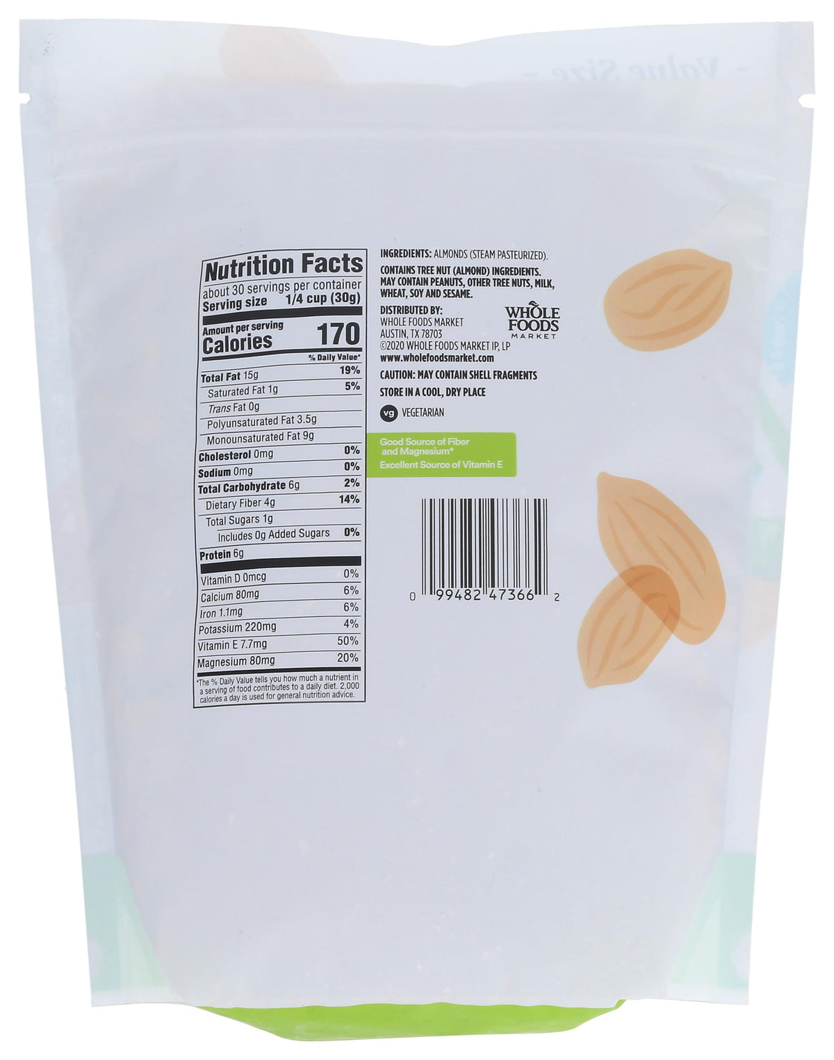 Close-up of 365 almonds highlighting natural skins for snacking