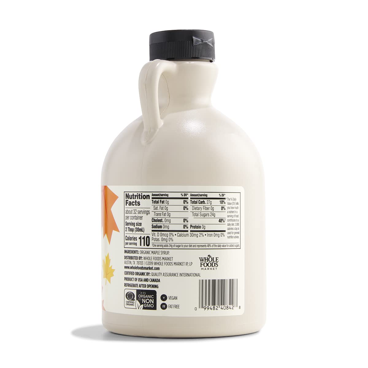 365 by Whole Foods Market maple syrup bottle back showing organic certification