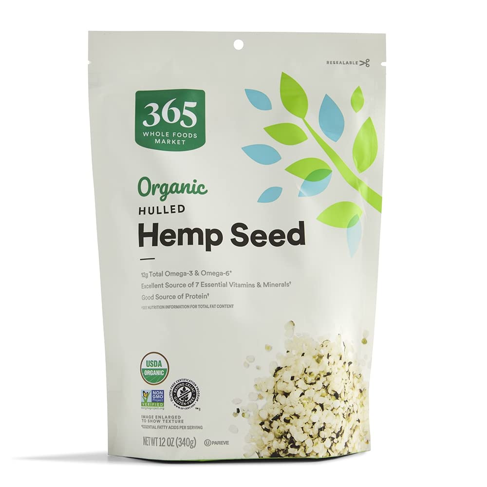 365 by Whole Foods Market organic hulled hemp seeds in a 12 oz bag, ideal salad topping.