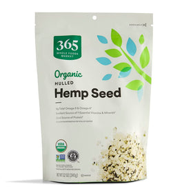 365 by Whole Foods Market organic hulled hemp seeds in a 12 oz bag, ideal salad topping.
