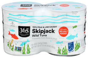 365 by Whole Foods Market Skipjack tuna cans on shelf, convenient pantry staple.