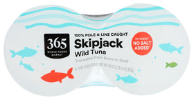 365 by Whole Foods Market Skipjack tuna nutrition label closeup, high-quality lean protein.