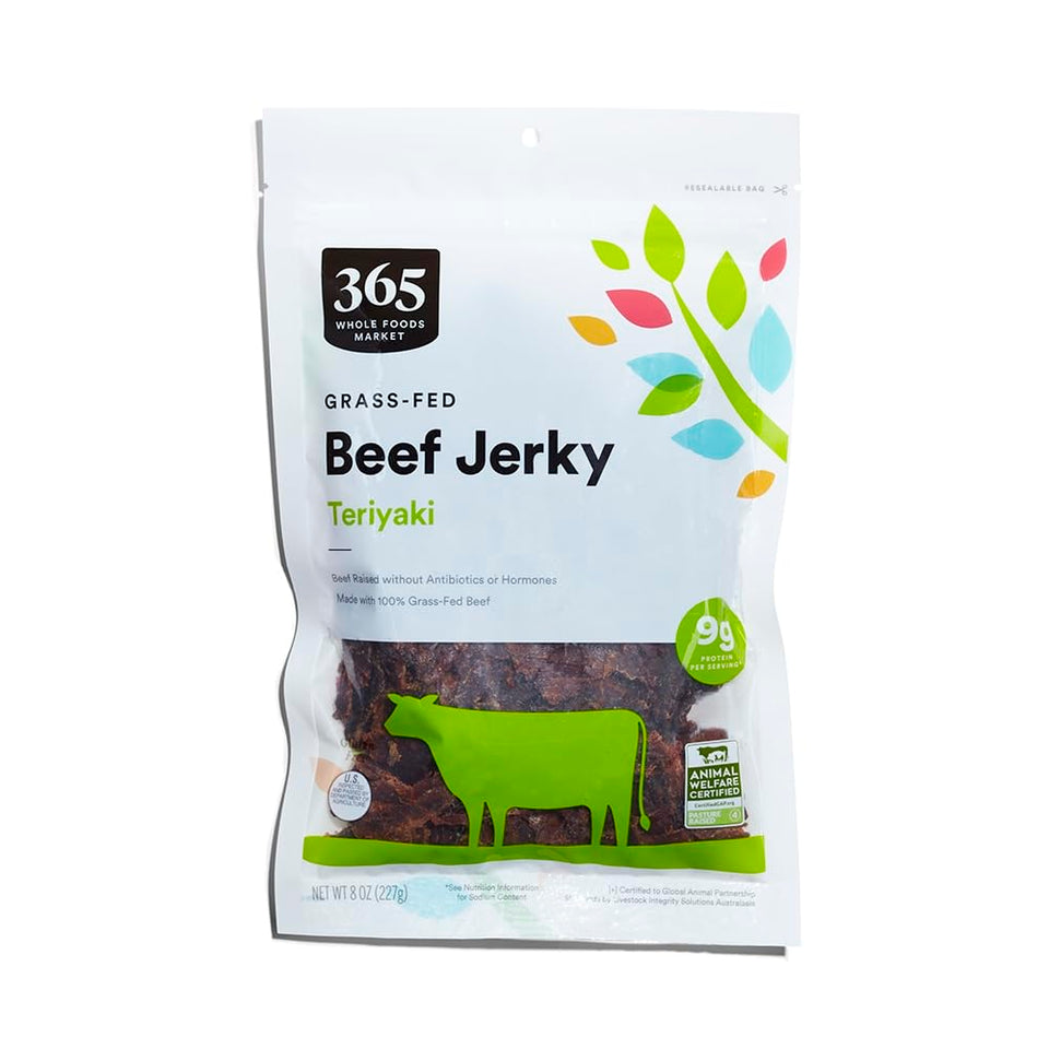 365 by Whole Foods Market grass-fed beef jerky package highlighting premium protein on the go