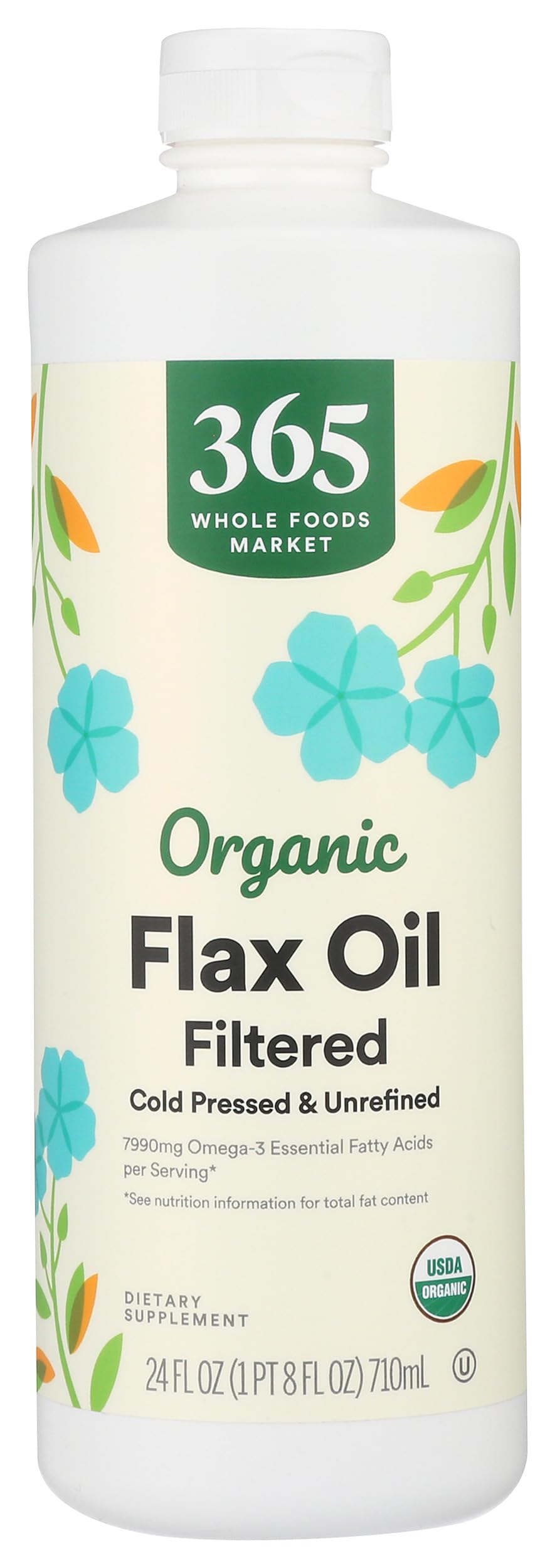 365 Organic Filtered Flax Oil bottle on kitchen counter for versatile cooking.