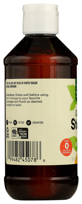 365 by Whole Foods Market stevia liquid label close-up, organic and zero-calorie sweetness