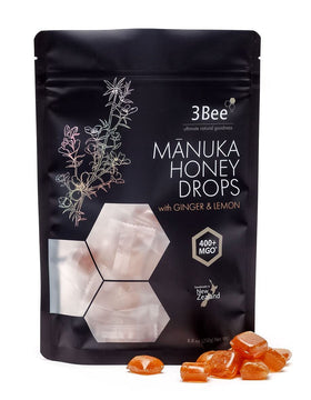 3Bee Manuka honey drops ginger lemon bag for travel freshness.