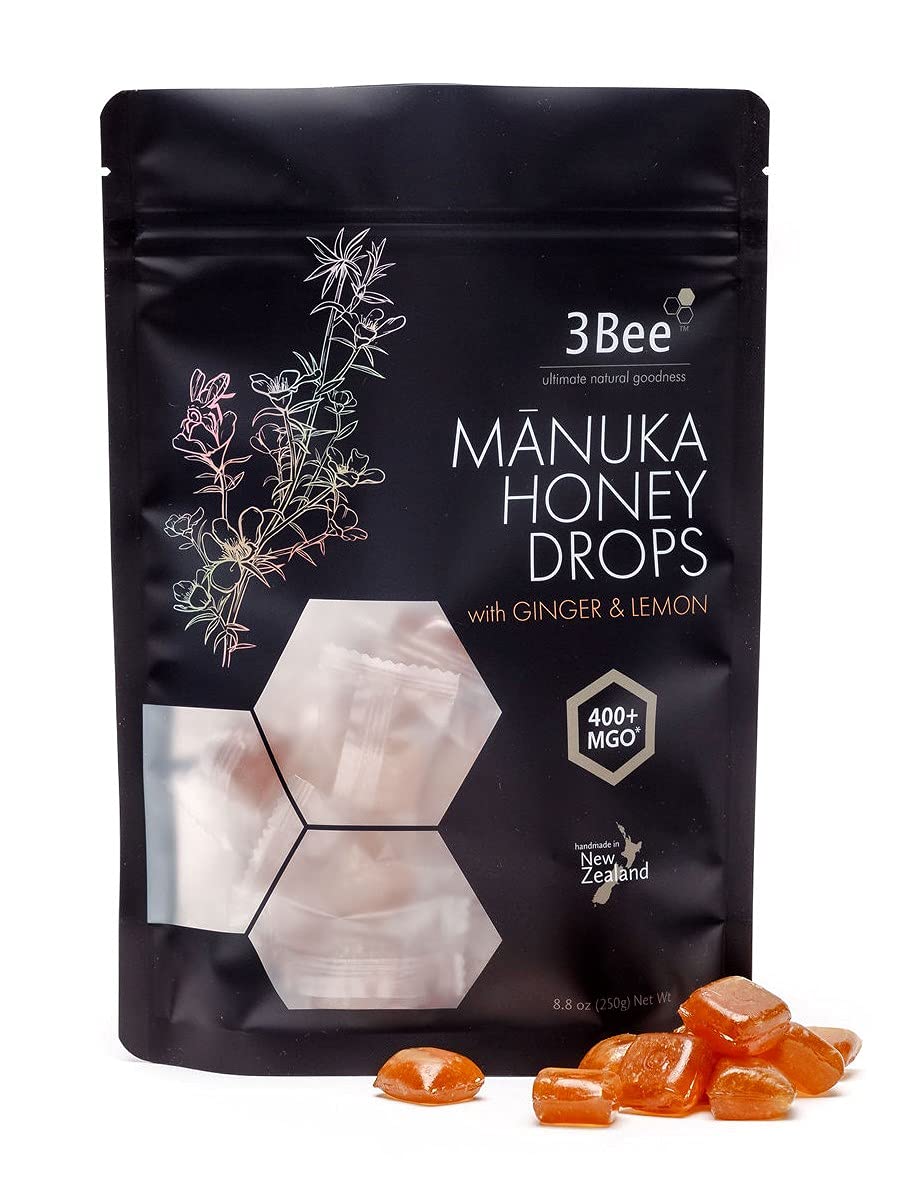 3Bee Manuka honey drops ginger lemon bag for travel freshness.