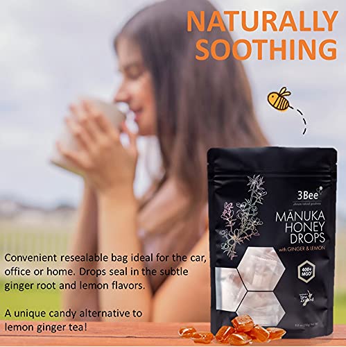 3Bee Manuka honey drops ginger lemon packaging highlights clean ingredients.