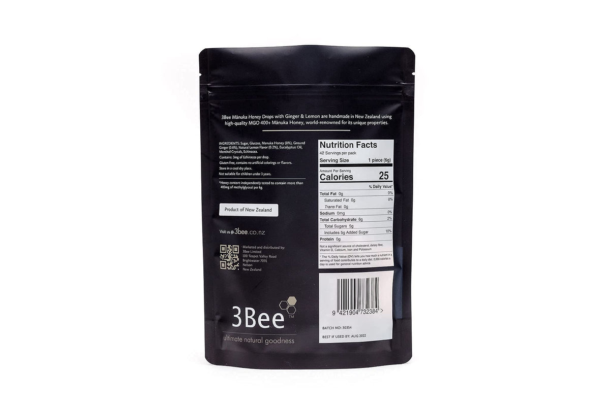 3Bee Manuka honey drops 400+ MGO label on packaging for quality.