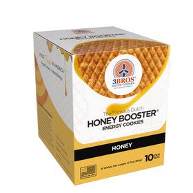 3Bros Honey Booster box of 10 on kitchen counter showcasing group-friendly snacks