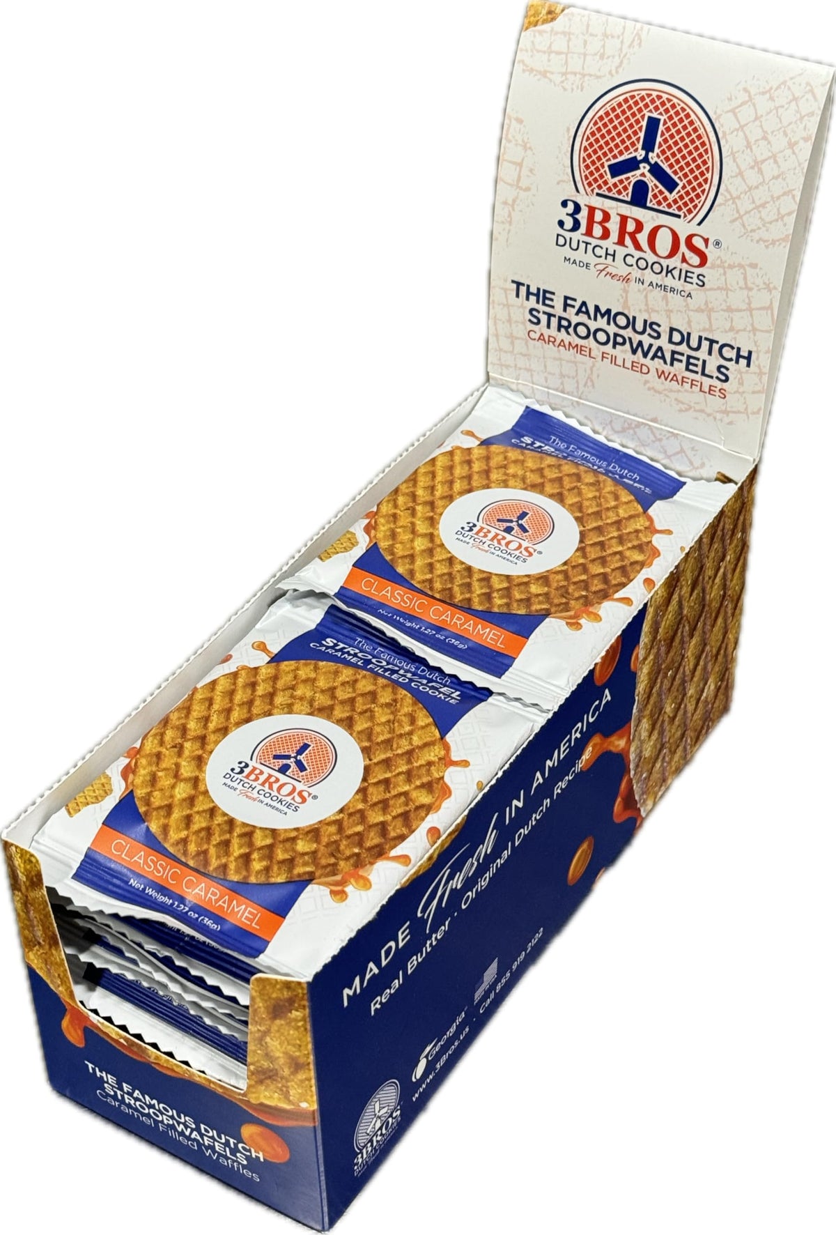 3Bros Stroopwafels individually wrapped, 20-count box for sharing.