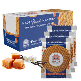 3Bros Stroopwafels with a soft toasted exterior and caramel center.