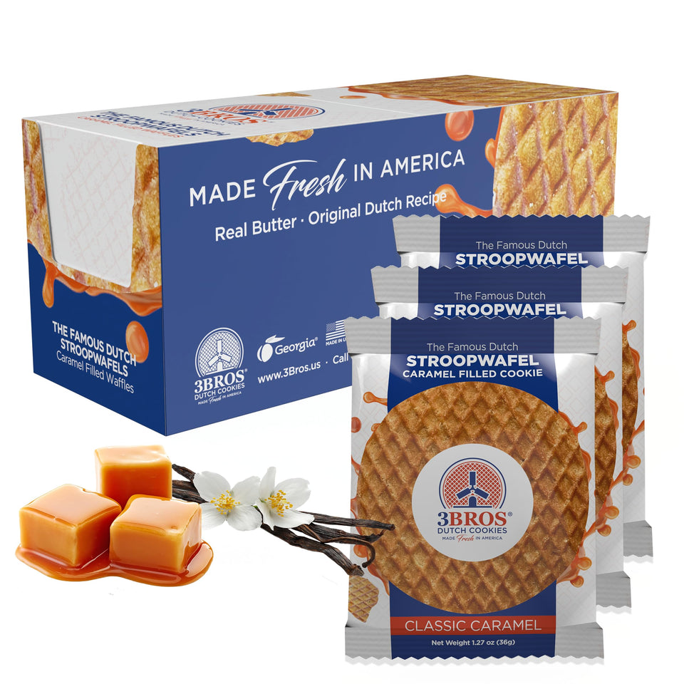 3Bros Stroopwafels with a soft toasted exterior and caramel center.