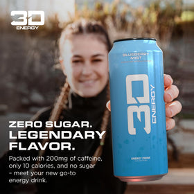 3D Energy Drink Blueberry Mist can side highlights sugar free formula for mindful energy