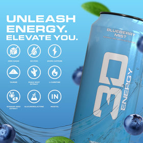 3D Energy Drink Blueberry Mist label closeup emphasizes branding and flavor profile