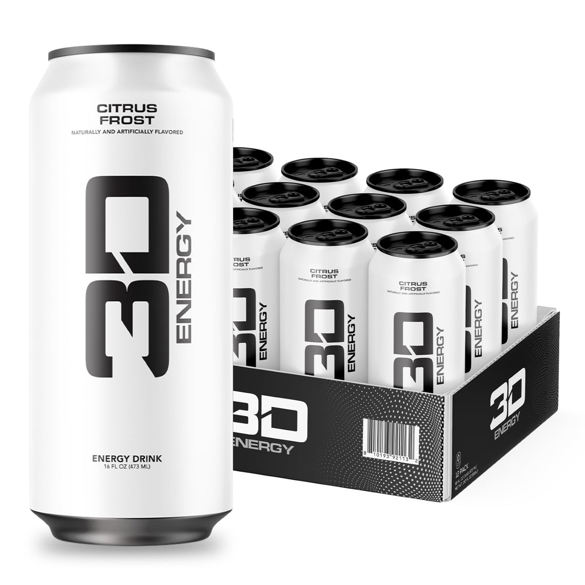 3D Energy Drink Citrus Frost can front view showing sugar-free energy for focused energy