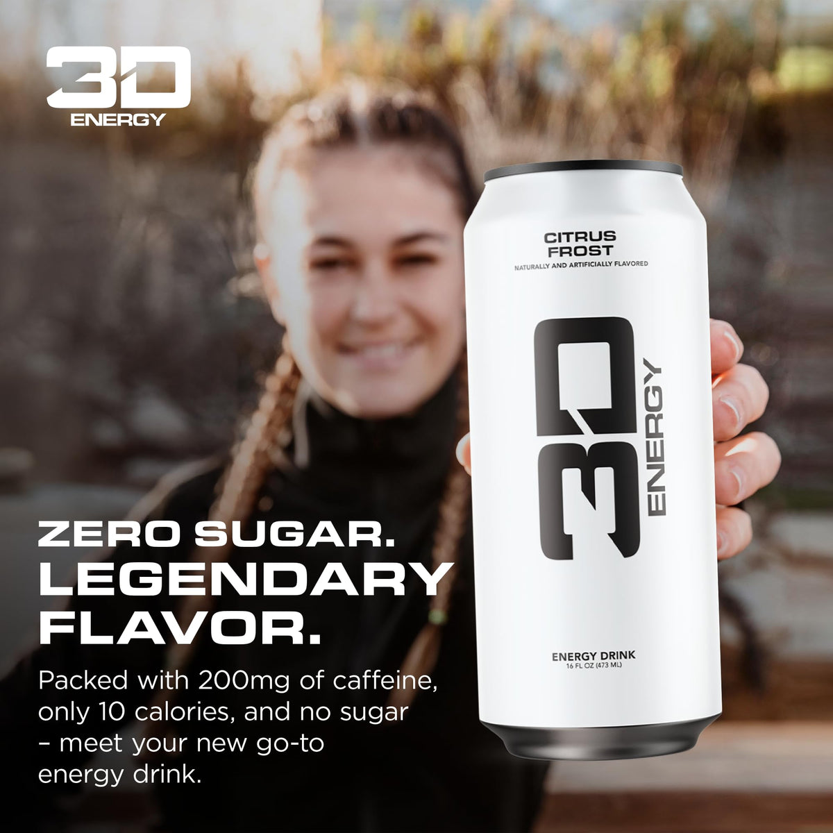 3D Energy Drink Citrus Frost can side view highlighting 200 mg caffeine boost