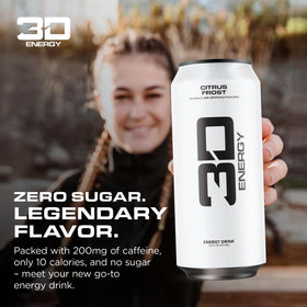 3D Energy Drink Citrus Frost can side view highlighting 200 mg caffeine boost