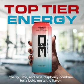 3D Energy Liberty Pop can being poured into a glass for refreshment during workouts