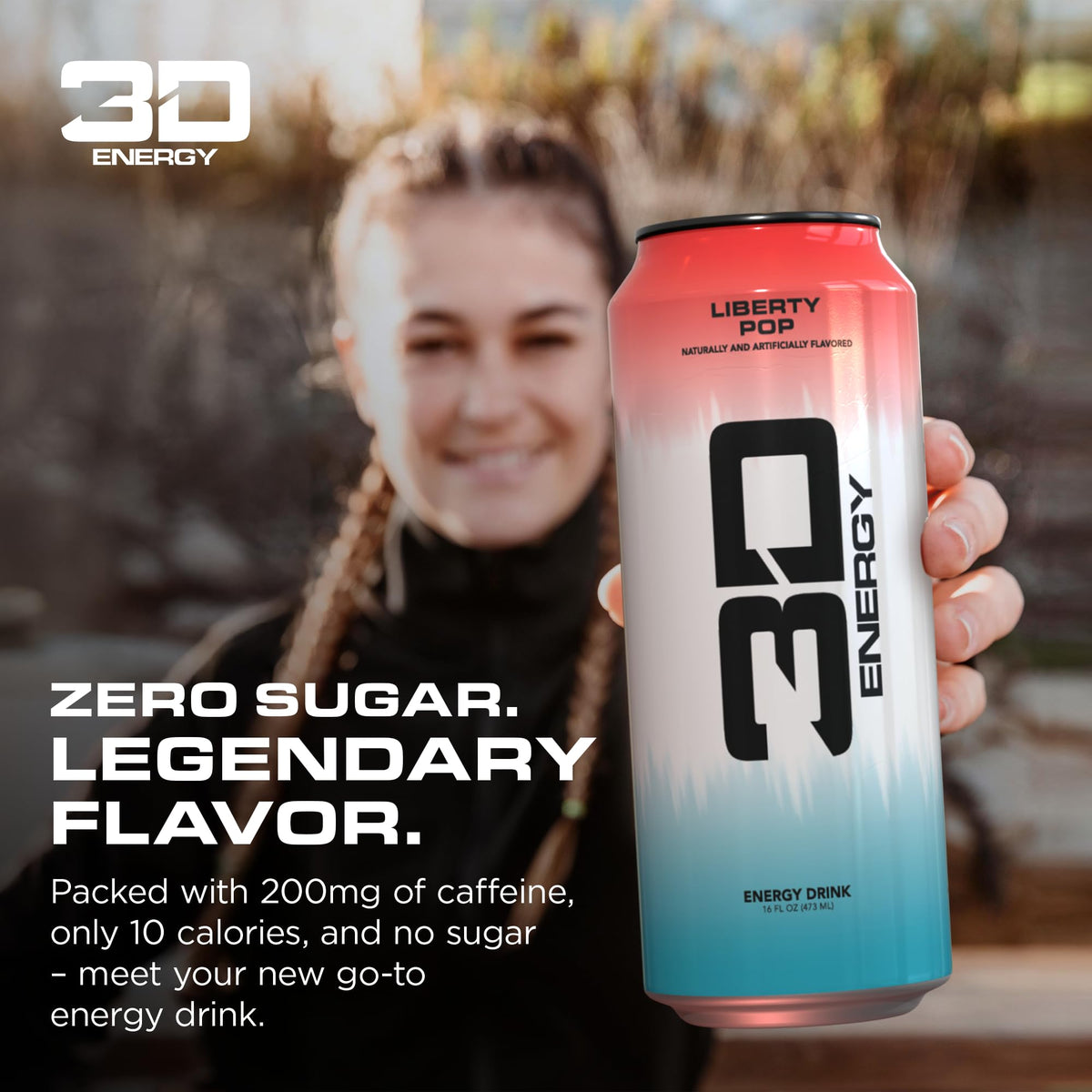 3D Energy Liberty Pop label close-up highlighting 200 mg caffeine per can