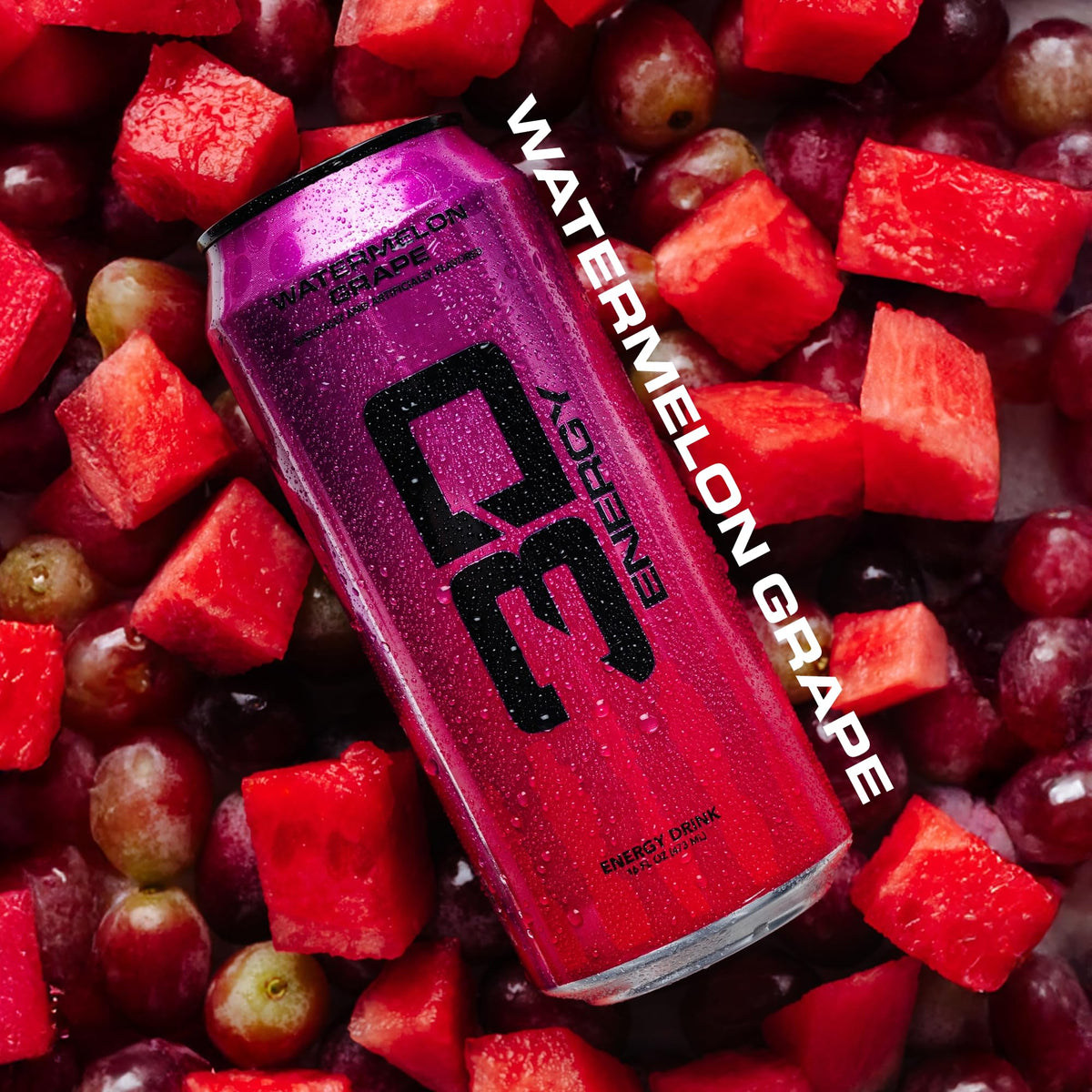 3D Energy Watermelon Grape can label closeup highlights sugar-free formula and high caffeine content.