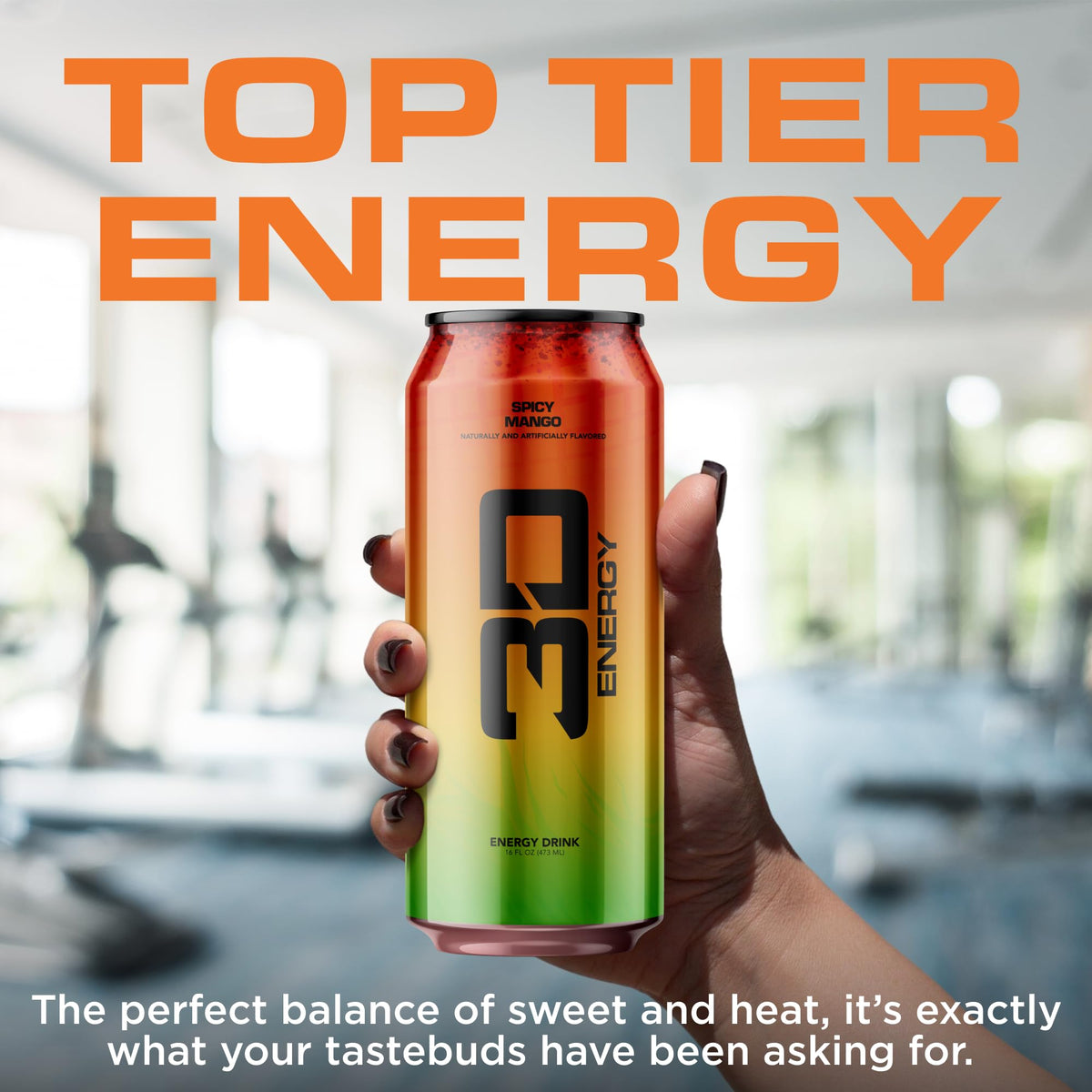 3D Spicy Mango Energy bottle front showing vibrant packaging