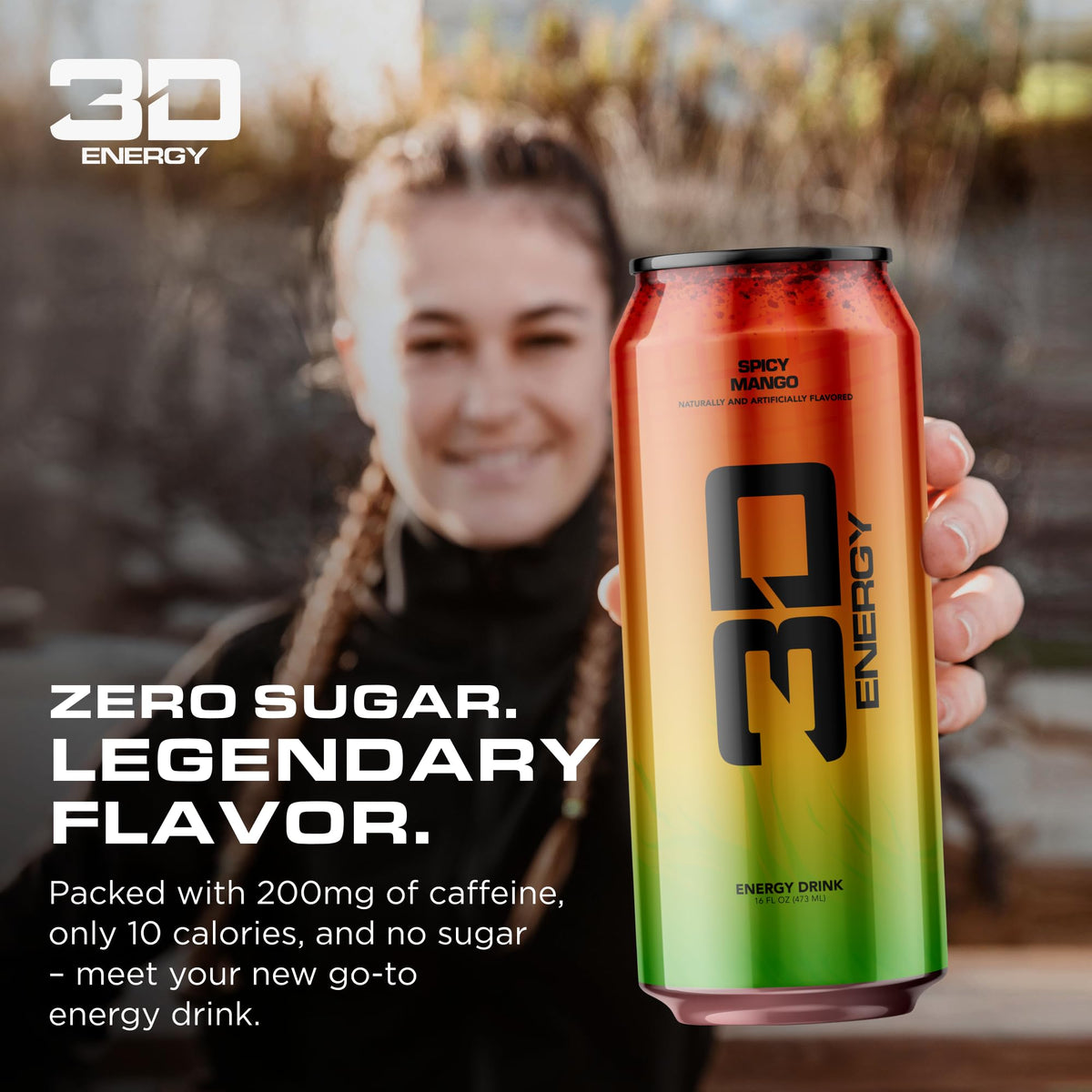 3D Spicy Mango Energy can closeup label highlighting bold flavor and energy