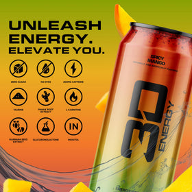 3D Spicy Mango Energy can being poured for pre-workout refreshment