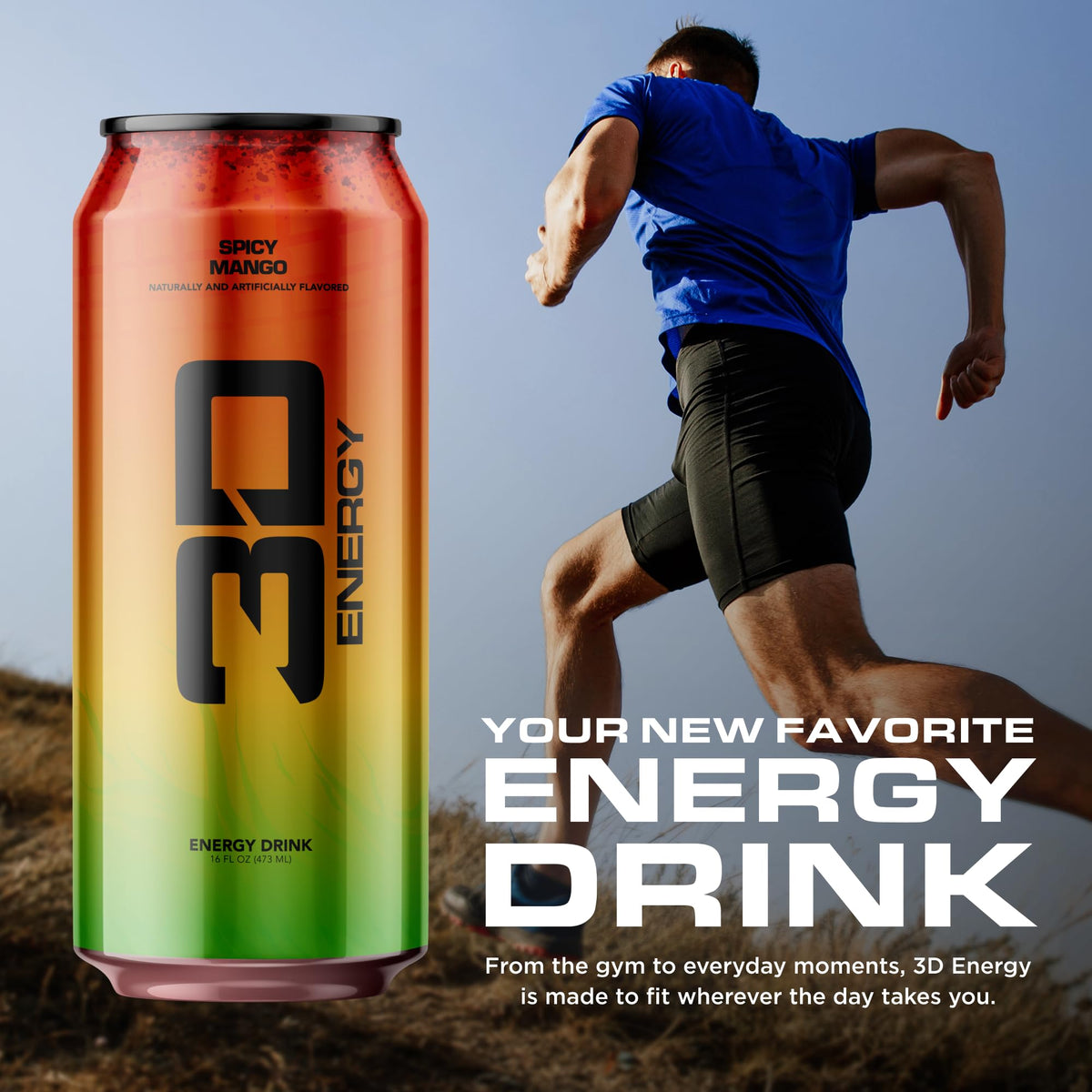 3D Spicy Mango Energy ingredients list featuring taurine and L-Carnitine benefits