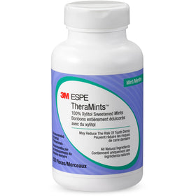 3M TheraMints bottle showing 100% xylitol formula supports saliva comfort while freshening breath.