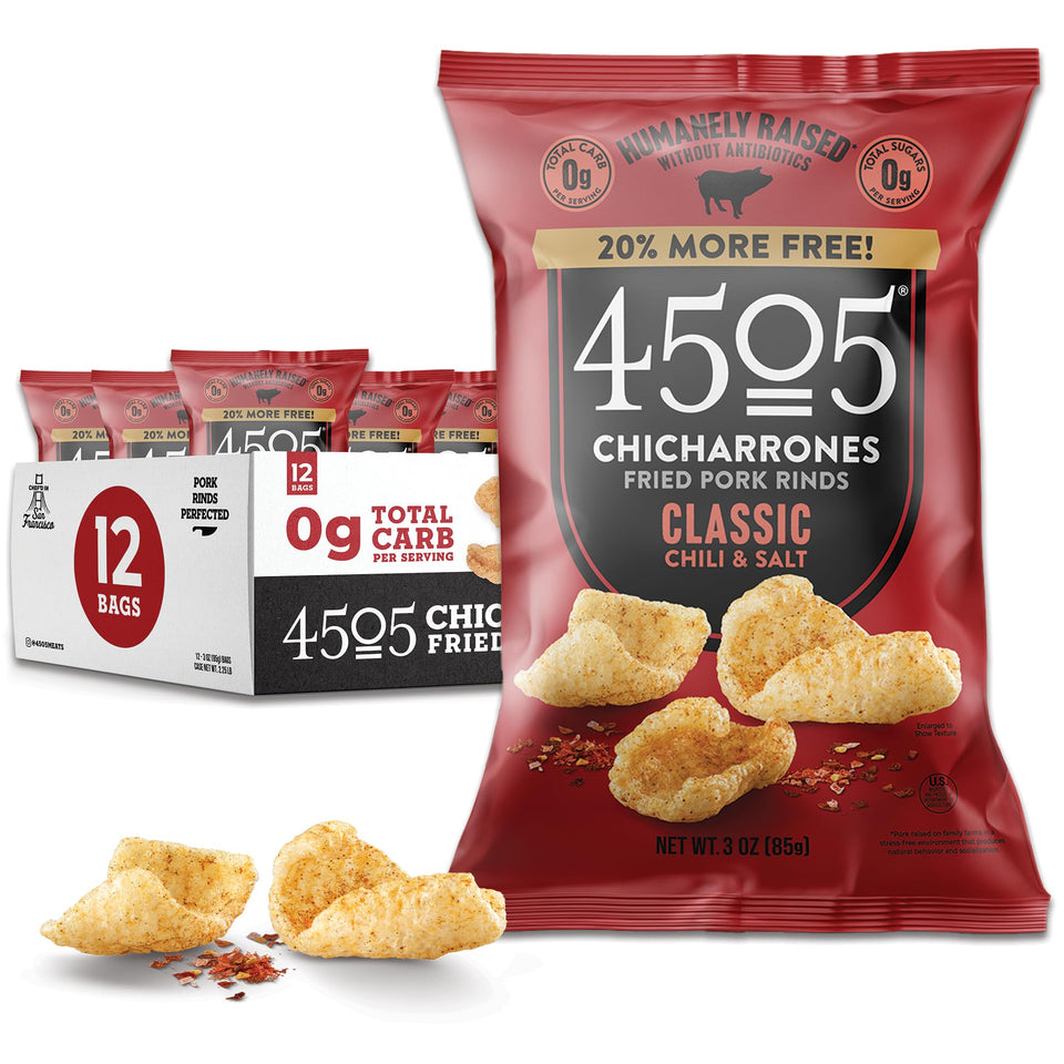 4505 Meats Classic Chili and Salt pork rinds in a bag, bold crunchy snack.